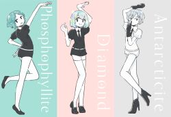 Rule 34 | 3others, androgynous, antarcticite, arm up, black footwear, black gloves, black necktie, black shorts, boots, character name, collared shirt, colored skin, commentary request, crystal hair, diamond (houseki no kuni), elbow gloves, finger to mouth, full body, gem uniform (houseki no kuni), gloves, green hair, hand on own hip, high heel boots, high heels, highres, houseki no kuni, iguana taisa, loafers, looking at viewer, multicolored hair, multiple others, necktie, open mouth, other focus, phosphophyllite, puffy short sleeves, puffy sleeves, rainbow hair, shirt, shoes, short hair, short shorts, short sleeves, shorts, shushing, smile, sparkle, standing, standing on one leg, thighhighs, white gloves, white shirt, white shorts, white skin, white thighhighs