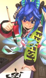 Rule 34 | 1girl, :q, absurdres, ahoge, black nails, blue eyes, blue hair, blue ribbon, calligraphy brush, clothes writing, commentary request, crossed bangs, ear covers, green hair, hair between eyes, hair ribbon, heterochromia, highres, ink, long hair, long sleeves, multicolored hair, nail polish, on floor, paintbrush, purple eyes, ribbon, scroll, smile, solo, thin (suzuneya), tongue, tongue out, twin turbo (umamusume), twintails, two-tone hair, umamusume, v-shaped eyebrows, very long hair, wooden floor, writing