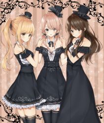 Rule 34 | 3girls, absurdres, bare shoulders, black bow, black dress, black headwear, black legwear, black ribbon, blonde hair, blush, bow, breasts, brown eyes, brown hair, cleavage, collarbone, commentary request, dress, feet out of frame, hat, hat bow, highres, huge filesize, long dress, looking at viewer, low twintails, medium breasts, multiple girls, original, pink eyes, pink hair, ribbon, short dress, side ponytail, smile, standing, thighhighs, twintails, uzuki tsukuyo, yellow eyes