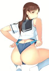 Rule 34 | 1girl, absurdres, ass, blush, breasts, brown eyes, brown hair, clothes pull, from behind, highres, kneehighs, long hair, looking at viewer, looking back, medium breasts, mibu natsuki, one-piece swimsuit pull, open mouth, original, parted lips, sailor collar, scan, school uniform, simple background, socks, solo, squatting, swimsuit, swimsuit under clothes, thighs, wedgie, white background, white socks