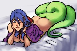 Rule 34 | 1girl, artist request, ass, blue eyes, blue hair, bracelet, breasts, breath of fire, breath of fire i, breath of fire ii, cleavage, deis, drawfag, hood, jewelry, lamia, long hair, matching hair/eyes, monster girl, scales, solo, source request, tail