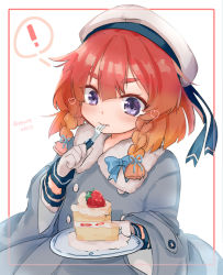 Rule 34 | !, 1girl, blonde hair, blue sailor collar, blush, bob cut, braid, cake, coat, dessert, eating, etorofu (kancolle), food, fruit, gloves, gradient hair, hat, kantai collection, long hair, long sleeves, looking at viewer, megane poni, multicolored hair, one-hour drawing challenge, plate, purple eyes, red hair, sailor collar, sailor hat, side braid, solo, strawberry, thick eyebrows, twin braids, white gloves, winter clothes, winter coat