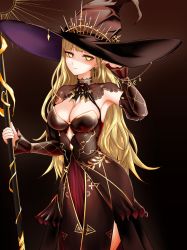 Rule 34 | 1girl, absurdres, blonde hair, breasts, brown background, cleavage, closed mouth, commentary, detached sleeves, dress, earrings, halter dress, halterneck, hand up, hat, highres, holding, holding staff, jewelry, kushinaka, large hat, long dress, long hair, looking at viewer, medium breasts, nijisanji, solo, staff, standing, symbol-only commentary, takamiya rion, takamiya rion (4th costume), virtual youtuber, witch hat, yellow eyes