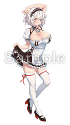 Rule 34 | 1girl, anchor symbol, apron, azur lane, black footwear, blush, breasts, cleavage, commentary request, dress, full body, hair between eyes, high heels, highres, large breasts, looking at viewer, maid, maid apron, maid headdress, puffy short sleeves, puffy sleeves, pumps, red eyes, red ribbon, ribbon, sample watermark, short hair, short sleeves, silver hair, sirius (azur lane), solo, standing, thighhighs, watermark, white thighhighs, ziko
