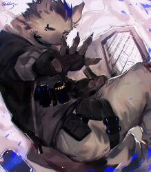 Rule 34 | 1boy, arknights, black eyes, black gloves, canister, closed mouth, fang, fingerless gloves, fingernails, furry, furry male, gloves, grey pants, highres, hyena boy, male focus, multicolored hair, outstretched arm, p7ywirzyw8lesuc, pants, riot shield, sharp fingernails, shield, signature, solo, spot (arknights), streaked hair