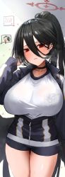 Rule 34 | 1boy, 1girl, black hair, blue archive, blush, breasts, choker, closed eyes, doodle sensei (blue archive), hair between eyes, halo, hasumi (blue archive), hasumi (track) (blue archive), highres, horn/wood, jacket, large breasts, mole, mole under eye, ponytail, red eyes, see-through, see-through shirt, sensei (blue archive), shirt, shorts, smile, thighs, thought bubble, thumbs up, tongue, tongue out, track jacket, unzipped, white shirt