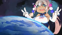 Rule 34 | 1girl, blonde hair, breasts, dark-skinned female, dark skin, double v, earth (planet), fangs, giant, giantess, highres, hololive, hololive english, large breasts, open mouth, planet, sideboob, sparkling eyes, tsukumo sana, twintails, v, virtual youtuber, yellow eyes, zaniaii