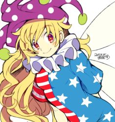 Rule 34 | 1girl, american flag dress, blonde hair, closed mouth, clownpiece, fairy wings, hat, iroyopon, jester cap, long hair, looking at viewer, neck ruff, polka dot, red eyes, simple background, smile, solo, star-shaped pupils, star (symbol), star print, striped, symbol-shaped pupils, touhou, very long hair, wavy hair, white background, wings
