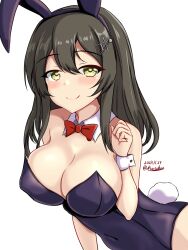 Rule 34 | 1girl, animal ears, bare shoulders, black hair, black leotard, blush, bow, bowtie, breasts, brown eyes, cleavage, covered navel, cowboy shot, detached collar, fake animal ears, hair ornament, hairclip, highres, kantai collection, large breasts, leotard, long hair, looking at viewer, montemasa, oyashio (kancolle), playboy bunny, rabbit ears, rabbit tail, smile, solo, strapless, strapless leotard, tail, traditional bowtie, wrist cuffs