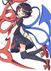 Rule 34 | 1girl, :d, ahoge, arm snake, asymmetrical wings, black dress, black hair, black thighhighs, bow, bowtie, dress, footwear bow, frills, full body, highres, houjuu nue, legs up, looking at viewer, mary janes, medium hair, mimottei, nue day, one eye closed, open mouth, pointy ears, polearm, red bow, red bowtie, red eyes, red footwear, shoes, short dress, short sleeves, simple background, smile, snake, solo, sweatband, tagme, thighhighs, touhou, trident, weapon, white background, wings, wristband