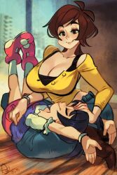 Rule 34 | 2girls, age difference, alex ahad, amaha masane, amaha rihoko, ass, breasts, brown hair, cleavage, curvy, denim, female focus, highres, jeans, large breasts, lips, looking at another, lying on person, medium hair, mother and daughter, multiple girls, pants, short hair, short twintails, smile, twintails, wide hips, witchblade