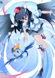 Rule 34 | 1girl, black hair, blush, crossover, feathers, flying, gradient background, highres, multicolored hair, my little pony, my little pony: friendship is magic, pegasus, rainbow dash, red eyes, shameimaru aya, sidelocks, smile, touhou, trait connection, wings, xin yu hua yin