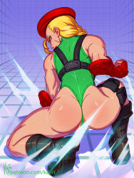 Rule 34 | 1girl, antenna hair, ass, back, beret, blonde hair, blue eyes, boots, braid, cammy white, clenched hand, combat boots, elbow gloves, fingerless gloves, from behind, gloves, harness, hat, highleg, highleg leotard, holster, kajin (kajinman), kneeling, leotard, long hair, looking at viewer, looking back, muscular, muscular female, on one knee, pouch, red gloves, scar, signature, solo, street fighter, street fighter v, sweat, thigh holster, thigh pouch, thong leotard, toned, twin braids, watermark, web address