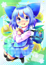 Rule 34 | 1girl, alternate costume, black thighhighs, blue eyes, blue hair, bow, character doll, cirno, compass, daiyousei, eraser, flower, hair bow, ice, ice wings, long sleeves, notebook, open mouth, pencil, ribbon, ruler, school uniform, set square, shirt, short hair, skirt, smile, sunflower, thighhighs, touhou, uta (kuroneko), vest, wings