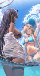 Rule 34 | 2girls, arms up, ass, asuna (blue archive), back, ball, bare shoulders, beachball, bikini, black bikini, black hair, blue archive, blue bikini, blue eyes, blue ribbon, blue sky, blush, breasts, choker, cleavage, dark-skinned female, dark skin, eyewear on head, grin, hair over one eye, hair ribbon, halo, highres, karin (blue archive), large breasts, light brown hair, long hair, long sleeves, looking at viewer, looking back, multiple girls, navel, off shoulder, open clothes, open shirt, ribbon, shirt, silver bullet (ecc12 8), sky, smile, sunglasses, swimsuit, thigh strap, thighs, very long hair, wading, water, wet, white shirt, yellow eyes