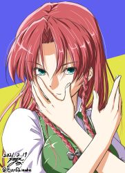 Rule 34 | 1girl, aqua eyes, arms up, blue background, braid, breasts, commentary request, crossed wrists, dated, expressionless, green vest, hand on own face, highres, hong meiling, long hair, looking at viewer, medium breasts, no headwear, parted bangs, red hair, shino-puchihebi, shirt, signature, solo, touhou, twin braids, twitter username, two-tone background, very long hair, vest, white shirt, yellow background