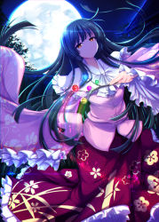 Rule 34 | 1girl, backlighting, bamboo, bamboo forest, black hair, blouse, branch, closed mouth, cowboy shot, floral print, forest, full moon, highres, hime cut, houraisan kaguya, japanese clothes, jeweled branch of hourai, long hair, long skirt, long sleeves, looking at viewer, moon, moonlight, nature, night, orange eyes, ouma tokiichi, outdoors, pink shirt, print skirt, red skirt, shirt, skirt, sleeves past wrists, smile, solo, touhou, very long hair, wide sleeves