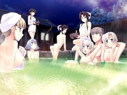 Rule 34 | 1boy, 6+girls, arched back, armpits, arms up, artist request, ass, black hair, blonde hair, blue hair, blush, breasts, cleavage, flat chest, game cg, harem, large breasts, long hair, mixed-sex bathing, multiple girls, night, nipples, nude, onsen, open mouth, partially submerged, pimp, purple eyes, shared bathing, short hair, sitting, sky, smile, source request, standing, steam, tail, towel, tree, water, white hair