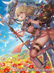 Rule 34 | 1girl, armor, blonde hair, blue sky, braid, breastplate, brown eyes, cloud, company name, copyright name, faye (fire emblem), fire emblem, fire emblem cipher, fire emblem echoes: shadows of valentia, flower, gloves, holding, long hair, nintendo, official art, open mouth, petals, polearm, sencha (senchat), sky, solo, thigh strap, twin braids, weapon