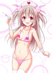 Rule 34 | 1girl, bandages, bikini, blush, collarbone, commentary, fang, groin, hair ornament, hat, heart, highres, light brown hair, long hair, looking at viewer, mizuki (kogetsu-tei), natori sana, navel, nurse cap, open mouth, pink bikini, pink eyes, pink hat, rabbit hair ornament, sana channel, smile, solo, swimsuit, syringe, thighhighs, thighs, two side up, virtual youtuber, white thighhighs