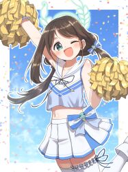 Rule 34 | 1girl, :d, ;d, absurdres, airi (blue archive), alternate costume, arm up, asymmetrical legwear, bare arms, bare shoulders, blue archive, blue background, blush, bow, breasts, brown hair, cheerleader, commentary request, confetti, cropped shirt, food-themed hair ornament, green eyes, green halo, hair ornament, halo, hand up, highres, holding, holding pom poms, ice cream hair ornament, long hair, looking at viewer, low twintails, midriff, miniskirt, mismatched legwear, navel, one eye closed, open mouth, pleated skirt, pom pom (cheerleading), pom poms, sailor collar, sailor shirt, shirt, skirt, sleeveless, sleeveless shirt, small breasts, smile, solo, thighhighs, twintails, unadon (unadoom), white sailor collar, white skirt, white thighhighs
