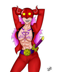 Rule 34 | 1girl, abs, absurdres, arms up, belt, cigarette, cleavage cutout, clothing cutout, fake horns, female focus, genderswap, genderswap (mtf), highres, horns, jacket, katana, long hair, looking at viewer, mask, midriff, navel, no pupils, one piece, pants, pink hair, red jacket, red pants, solo, sword, tattoo, weapon, who&#039;s who (one piece), yellow eyes