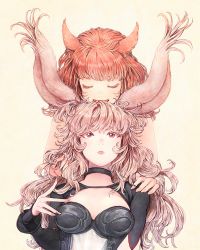 Rule 34 | 2girls, animal ears, breasts, cat ears, chin rest, choker, cleavage cutout, closed eyes, clothing cutout, facial mark, facing viewer, fangs, final fantasy, final fantasy xiv, hands on another&#039;s shoulders, head on head, head rest, long hair, looking at viewer, medium breasts, miqo&#039;te, mozuku (mozuuru0323), multiple girls, open mouth, pink hair, rabbit ears, red eyes, see-through, simple background, upper body, viera, warrior of light (ff14), whisker markings, yellow background