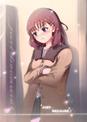 Rule 34 | 1girl, absurdres, black skirt, blurry, blurry background, blush, brown hair, coat, copyright name, crossed arms, hair ornament, hairclip, highres, just because!, ki nishi, medium hair, natsume mio, outdoors, petals, pouty lips, purple eyes, skirt, solo, standing