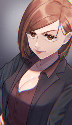 Rule 34 | 1girl, absurdres, black jacket, breasts, brown eyes, brown hair, brown shirt, cleavage, closed mouth, collarbone, dress shirt, grey background, hand on own hip, highres, huge filesize, jacket, jujutsu kaisen, kugisaki nobara, long hair, long sleeves, medium breasts, open clothes, open jacket, parted bangs, popehe, shirt, smile, solo, tongue, tongue out, upper body