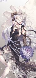 Rule 34 | 1girl, absurdres, arm up, artist name, black dress, bouquet, breasts, choker, cleavage, collarbone, dress, elbow gloves, flower, gloves, gradient background, grey background, grey eyes, grey flower, grey gloves, hair between eyes, highres, holding, holding bouquet, leg up, long hair, looking at viewer, medium breasts, mole, mole under mouth, nier (series), nier:automata, see-through, sideboob, silver hair, sleeveless, sleeveless dress, solo, standing, standing on one leg, very long hair, water0889, white legwear, a2 (nier:automata)