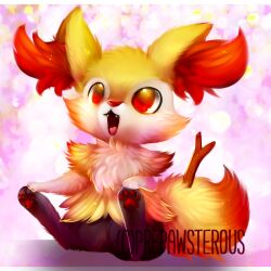 Rule 34 | ambiguous gender, braixen, creatures (company), fangs, fluffy, furry, game freak, gen 6 pokemon, nintendo, open mouth, pokemon, pokemon (creature), prepawsterous, red eyes, red fur, sitting, smile, solo, stick, tail, white fur, yellow fur