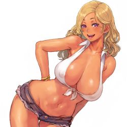 Rule 34 | 1girl, :d, areola slip, bare shoulders, blonde hair, breasts, collared shirt, commentary request, crop top, denim, denim shorts, hand on own hip, large breasts, long hair, navel, open clothes, open mouth, open shirt, original, purple eyes, shirt, short shorts, shorts, shu-mai, simple background, smile, solo, tan, thighs, white background