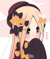 Rule 34 | 1girl, abigail williams (fate), black bow, black dress, black hat, blonde hair, blue eyes, blush, bow, covered mouth, dress, eyes visible through hair, fate/grand order, fate (series), forehead, hair bow, hand up, hat, long hair, long sleeves, looking away, multiple hair bows, nose blush, orange bow, parted bangs, sleeves past fingers, sleeves past wrists, solo, translation request, upper body, very long hair, yoru nai