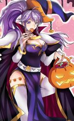 Rule 34 | 1girl, armor, breasts, candy, cape, cleavage, cleavage cutout, clothing cutout, eating, fire emblem, fire emblem heroes, food, halloween, halloween bucket, hat, high collar, highres, ishtar (fire emblem), jack-o&#039;-lantern, large breasts, lollipop, long hair, looking at viewer, nintendo, pauldrons, ponytail, pumpkin, purple eyes, purple hair, rem (eyes 410), shoulder armor, thighhighs, witch hat