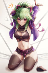 Rule 34 | 1girl, anger vein, arms up, black mask, black thighhighs, blush, bound, bound wrists, breasts, breath, crop top, cropped jacket, genshin impact, green hair, hair between eyes, hair ornament, highres, jacket, kneeling, kuki shinobu, long hair, looking at viewer, mask, midriff, mouth mask, nanamo yado, navel, open clothes, open jacket, open mouth, ponytail, purple eyes, purple jacket, restrained, short shorts, shorts, solo, thighhighs, unworn mask