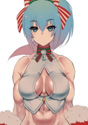 Rule 34 | 1girl, abs, bare shoulders, beniazumaru, biceps, blue eyes, blue hair, breasts, choker, christmas, closed mouth, highres, large breasts, leona heidern, long hair, muscular, muscular female, ribbon, simple background, sleeveless, solo, the king of fighters, the king of fighters all-stars, white background