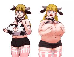 Rule 34 | 1girl, animal ears, animal print, blonde hair, blue eyes, blush, breast hold, breasts, cleavage, cleavage window, clothes lift, covering privates, covering breasts, cow print, fat, handkerchief, horns, huge breasts, kamisuki, long hair, looking at viewer, navel, open mouth, plump, shirt lift, shorts, skindentation, smile, thick thighs, thighhighs, thighs, twintails