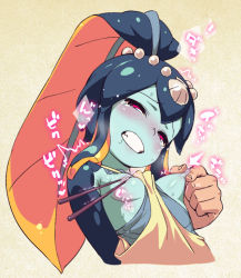 Rule 34 | 1girl, ^^^, apron, apron aside, arms behind back, black eyes, blue skin, blunt bangs, blush, breasts, chopsticks, clenched teeth, colored sclera, colored skin, disembodied limb, fish girl, grabbing, grabbing another&#039;s breast, hair ornament, half-closed eyes, minette (skullgirls), monster girl, nipple pull, nipple stimulation, nipple tweak, nipples, nose blush, om (nk2007), pink eyes, red pupils, scales, shell, skullgirls, small breasts, solo focus, sweat, tears, teeth, trembling, waitress, wince, yellow sclera
