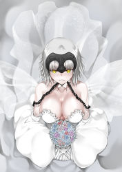 Rule 34 | 1girl, absurdres, alternate costume, alternate hairstyle, bouquet, breasts, bride, chain, dress, fate/grand order, fate (series), flower, from above, gauntlets, headpiece, highres, holding, holding bouquet, jeanne d&#039;arc (fate), jeanne d&#039;arc alter (avenger) (fate), jeanne d&#039;arc alter (fate), kagura ren, large breasts, parted lips, short hair, silver hair, smile, solo, strapless, strapless dress, wedding dress, white dress, yellow eyes