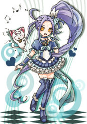 Rule 34 | 10s, 1girl, beamed quavers, blue footwear, blue skirt, blue thighhighs, boots, bow, brooch, cat, cure beat, dress, earrings, frills, full body, hair ornament, hairpin, heart, hummy (suite precure), jewelry, kurokawa eren, long hair, lotus8, magical girl, musical note, precure, purple hair, quaver, ribbon, seiren (suite precure), side ponytail, skirt, smile, staff (music), suite precure, thigh boots, thighhighs, treble clef, yellow eyes