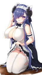 Rule 34 | 1girl, absurdres, august von parseval (azur lane), august von parseval (the conquered unhulde) (azur lane), azur lane, bare shoulders, between breasts, black dress, black horns, black panties, breasts, cleavage, clothes lift, cross-laced clothes, cross-laced dress, curled horns, dress, dress lift, flashing, hair over one eye, hand in own hair, highres, horns, large breasts, lifted by self, long hair, looking at viewer, maid, mechanical horns, official alternate costume, panties, purple eyes, purple hair, shinrou tsukimi, simple background, sleeveless, sleeveless dress, solo, strap between breasts, thighhighs, two-tone dress, underwear, very long hair, white background, white thighhighs