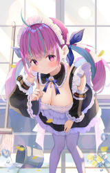 Rule 34 | 1girl, absurdres, ahoge, anchor symbol, apron, bent over, black collar, black dress, blue bow, blue hair, blue nails, blush, bow, breasts, broom, bucket, cleavage, closed mouth, collar, colored inner hair, detached collar, detached sleeves, dress, drill hair, frilled collar, frilled dress, frilled sleeves, frills, hair bow, hand up, highres, hololive, index finger raised, indoors, knees together feet apart, large breasts, leaning forward, long hair, maid, maid apron, maid headdress, minato aqua, multicolored hair, nail polish, pantyhose, pink eyes, purple hair, shokorate, sidelocks, solo, spill, streaked hair, twin drills, twintails, two-tone hair, virtual youtuber, water, white pantyhose, window