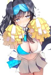 Rule 34 | 1girl, animal ears, black hair, blue archive, blush, breasts, cheerleader, cleavage, clothes writing, crop top, dog ears, dog girl, dog tail, flying sweatdrops, goggles, goggles on head, grey eyes, hibiki (blue archive), hibiki (cheer squad) (blue archive), highres, holding, holding pom poms, large breasts, long hair, looking at viewer, millennium cheerleader outfit (blue archive), nidaime (doronbo), open mouth, pleated skirt, pom pom (cheerleading), pom poms, ponytail, simple background, skirt, solo, sweat, tail, wavy mouth, white background