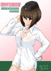 Rule 34 | 1girl, artist name, birthday, black hat, blush, breasts, brown eyes, brown hair, character name, cleavage, closed mouth, commentary, cowboy shot, dated, diesel-turbo, dress shirt, english text, garrison cap, girls und panzer, hand in own hair, hand on own hip, happy birthday, hat, highres, insignia, kuromorimine military uniform, looking at viewer, medium breasts, naked shirt, nishizumi maho, partially unbuttoned, shirt, short hair, signature, smile, solo, standing, twitter username, white shirt, wing collar