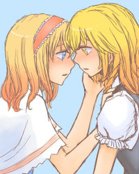 Rule 34 | 2girls, alice margatroid, ascot, blonde hair, blue eyes, blush, braid, capelet, couple, hairband, hand on another&#039;s cheek, hand on another&#039;s face, kirisame marisa, long hair, multiple girls, nip to chip, no headwear, open mouth, short hair, side braid, touhou, yellow eyes, yuri