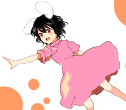 Rule 34 | &gt;:d, 1girl, :d, animal ears, black hair, blush, carrot necklace, dress, inaba tewi, necklace, open mouth, outstretched hand, pink dress, rabbit ears, red eyes, short hair, smile, touhou, v-shaped eyebrows, wavy hair, yururi nano