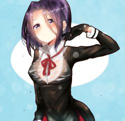 Rule 34 | 10s, 1girl, arm up, bad id, bad pixiv id, black gloves, collared shirt, eyebrows, gloves, hand up, kantai collection, kerchief, long sleeves, looking at viewer, necktie, ponujiri, popped collar, purple eyes, purple hair, red necktie, school uniform, see-through, see-through silhouette, serafuku, shirt, short hair, simple background, solo, tatsuta (kancolle), water drop, wet, wet clothes, wet hair