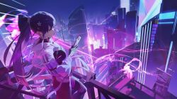 1girl alternate_hairstyle black_gloves genshin_impact gloves half_gloves highres holding holding_phone jacket long_hair long_sleeves modare night night_sky outdoors phone ponytail purple_hair raiden_shogun sky solo standing white_jacket