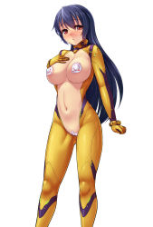 Rule 34 | 1girl, bad id, bad pixiv id, blue hair, bodysuit, breasts, female focus, highres, large breasts, long hair, looking at viewer, maebari, navel, open bodysuit, open clothes, original, parted lips, pasties, pussy, pussy peek, red eyes, simple background, smile, solo, very long hair, vuccha, white background