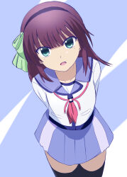 Rule 34 | 1girl, absurdres, angel beats!, arms behind back, black hairband, black thighhighs, blue background, blue sailor collar, blue skirt, blunt bangs, bow, commentary request, cowboy shot, eyes visible through hair, green bow, green eyes, hair bow, hairband, highres, leaning forward, lelie (lelie link), long sleeves, looking at viewer, medium hair, miniskirt, nakamura yuri, neckerchief, open mouth, pink neckerchief, pleated skirt, purple hair, sailor collar, shinda sekai sensen uniform, shirt, simple background, skirt, smile, solo, straight hair, thighhighs, upturned eyes, white shirt, zettai ryouiki